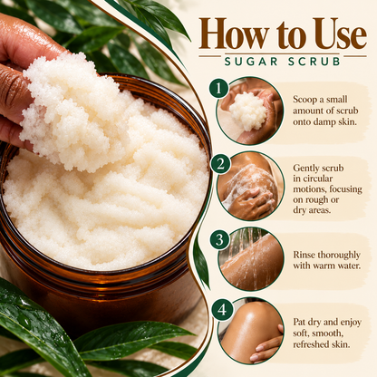 Step-by-step guide to using Phat Bath & Body sugar scrub, featuring an amber jar of creamy scrub. Shows how to apply to damp skin, gently exfoliate in circular motions, rinse with warm water and pat dry for soft, smooth skin.