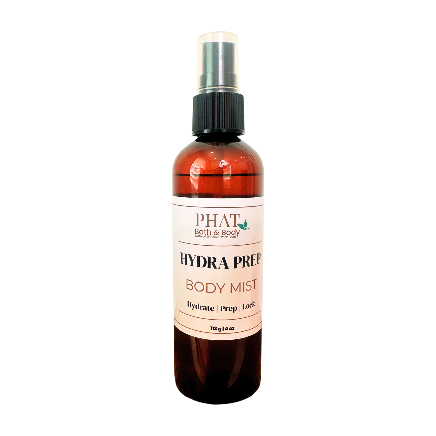An amber spray bottle of PHAT Bath & Body Hydra Prep Body Mist with a black spray cap and a white label, shown on a plain white background.