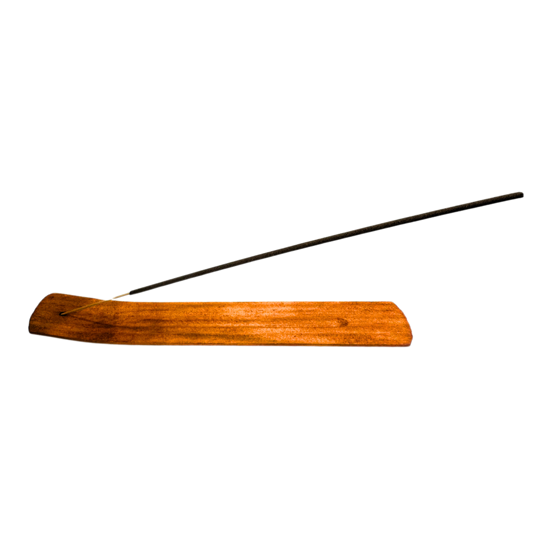 Wooden incense holder with a black incense stick on a white background