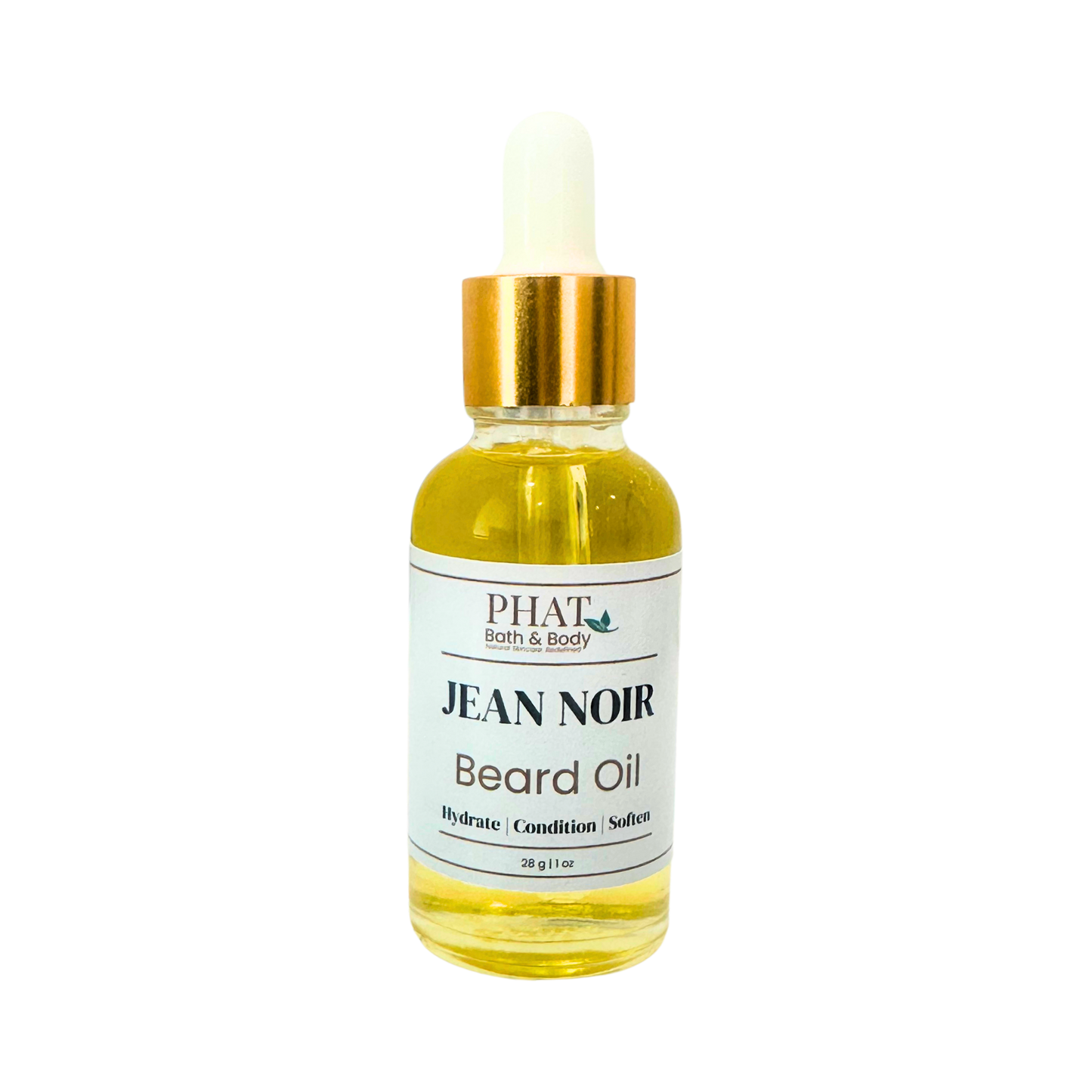 Bottle of Jean Noir Beard Oil by Phat Bath & Body on a white background