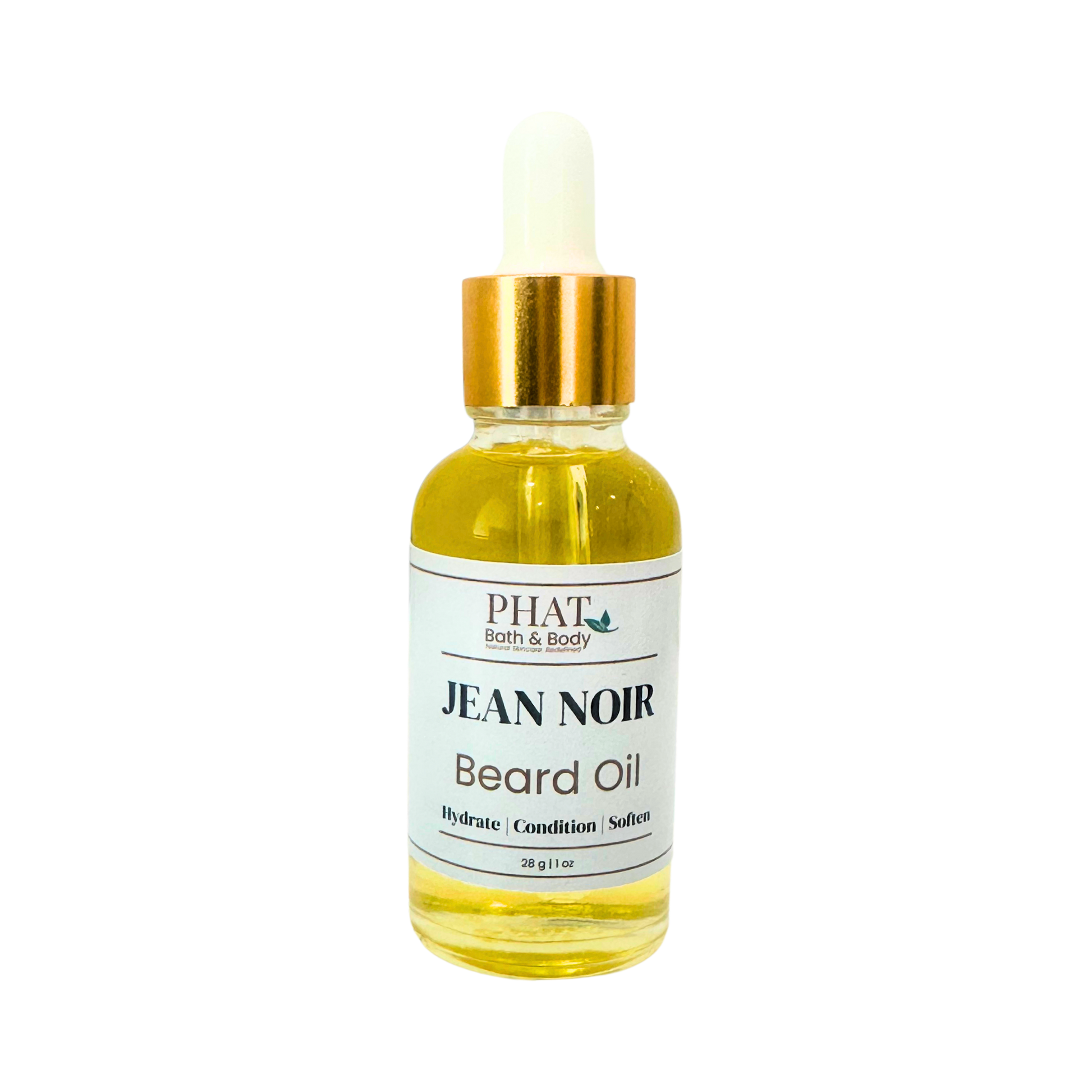 Bottle of Jean Noir Beard Oil by Phat Bath & Body on a white background