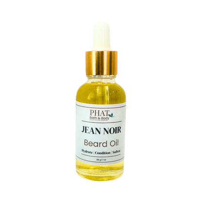 Bottle of Jean Noir Beard Oil by Phat Bath & Body on a white background