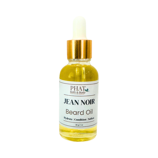 Bottle of Jean Noir Beard Oil by Phat Bath & Body on a white background