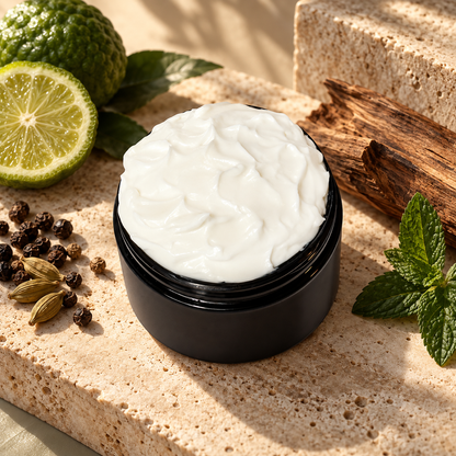 Open jar of Phat Bath & Body Jean Noir men’s Body Lotion with creamy white lotion styled with citrus, mint, spice, and wood accents.