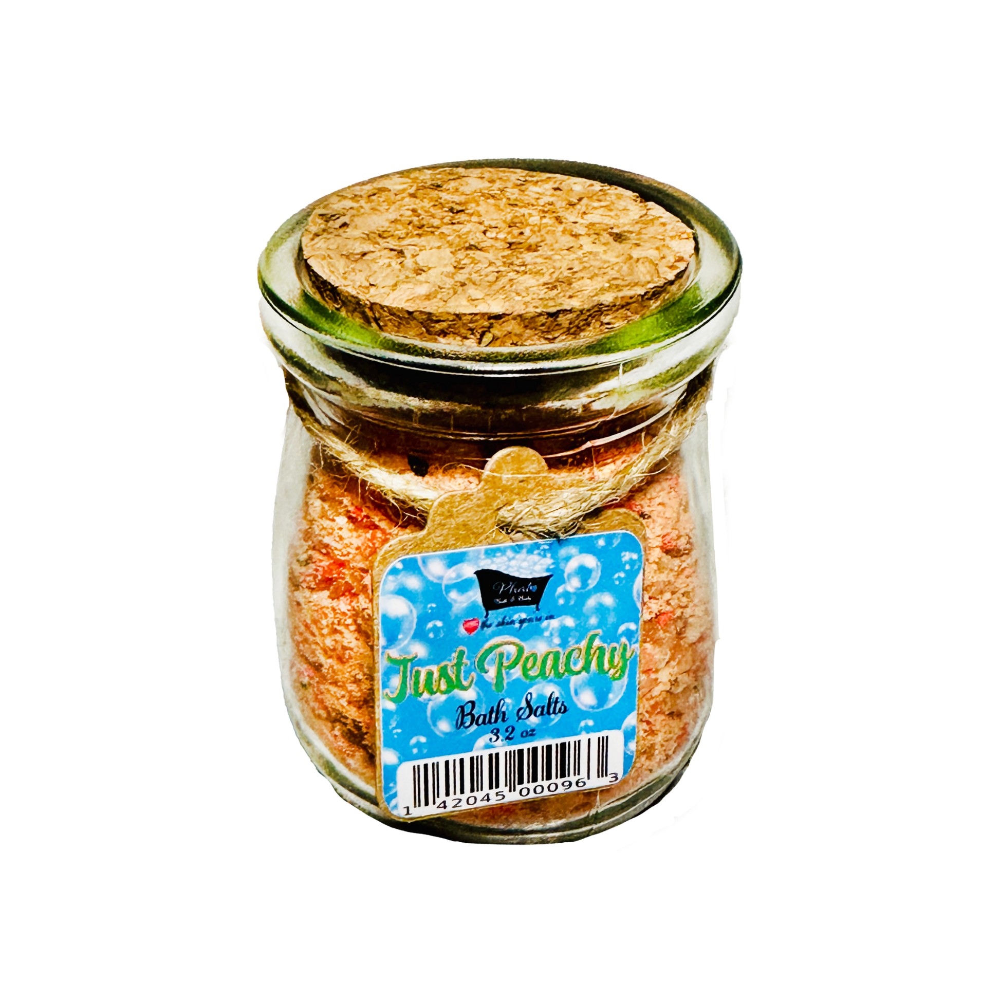 Jar of 'Just Peachy' bath salts with a cork lid on a white background