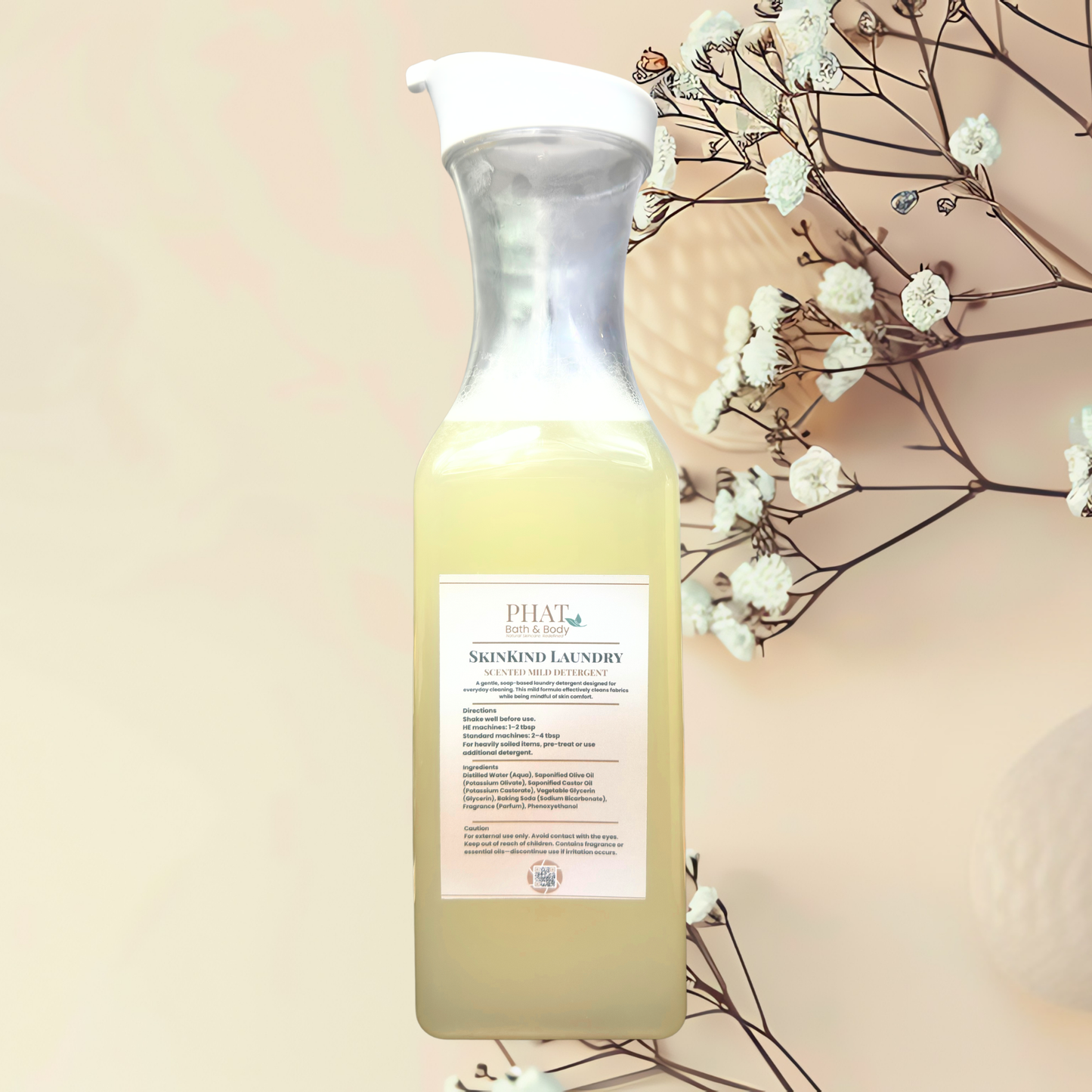 Bottle of Skinkind laundry detergent with a label, surrounded by white flowers on a beige background
