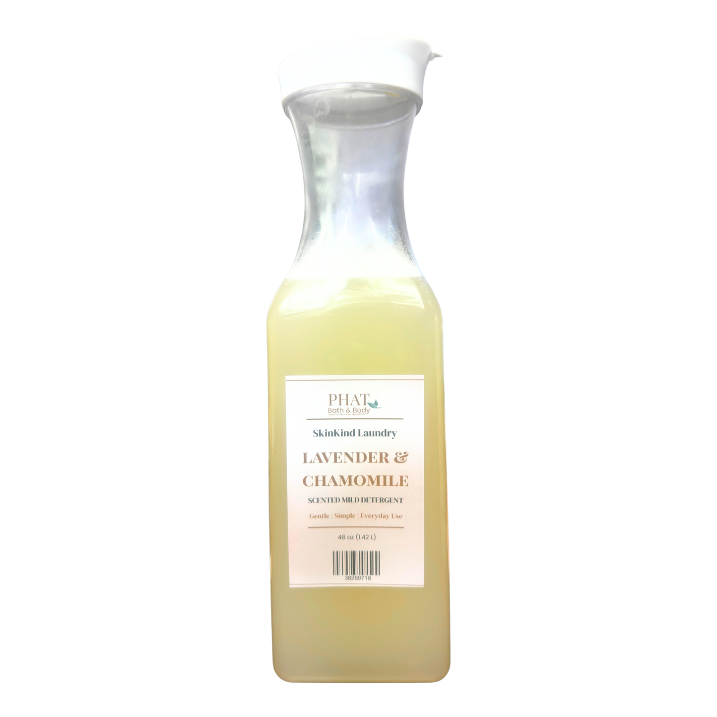 Bottle of lavender and chamomile scented laundry detergent on a white background