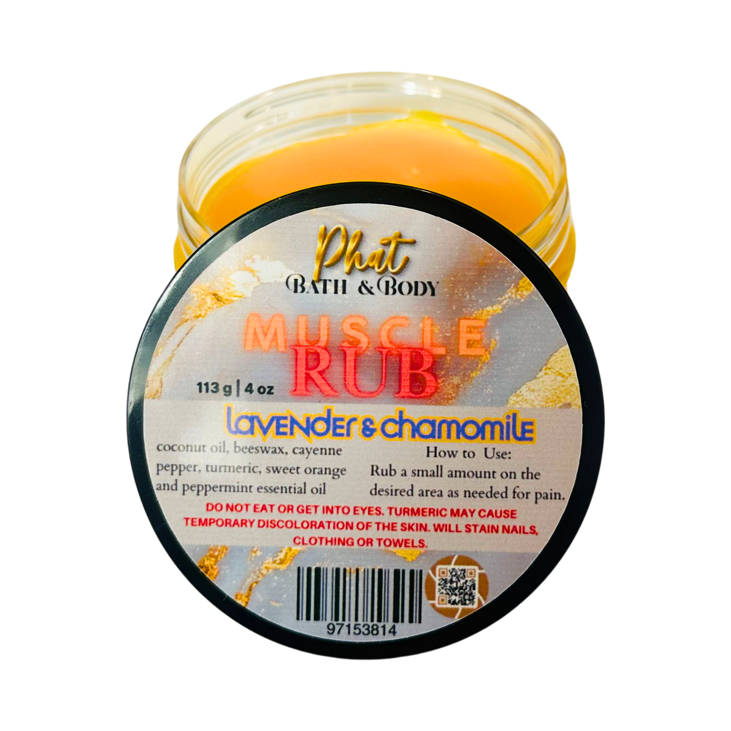 Jar of 'Muscle Rub' with label on a white background