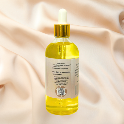 Bottle of yellow liquid with dropper on a beige fabric background