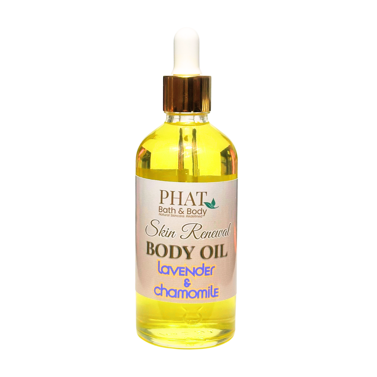 Bottle of Phat Bath & Body Skin Renewal Body Oil with lavender and chamomile on a white background