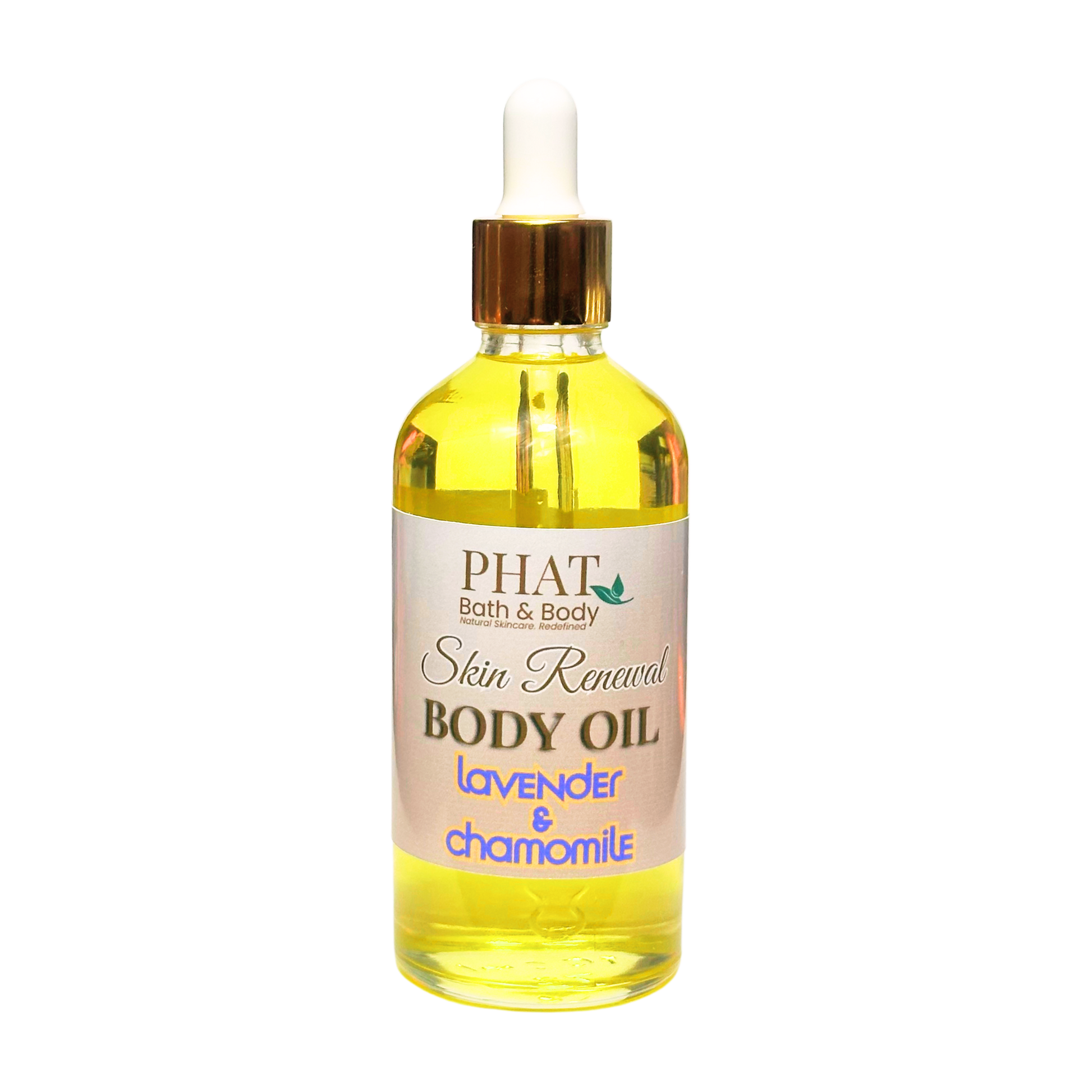 Bottle of Phat Bath & Body Skin Renewal Body Oil with lavender and chamomile on a white background