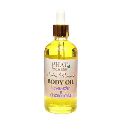 Bottle of Phat Bath & Body Skin Renewal Body Oil with lavender and chamomile on a white background