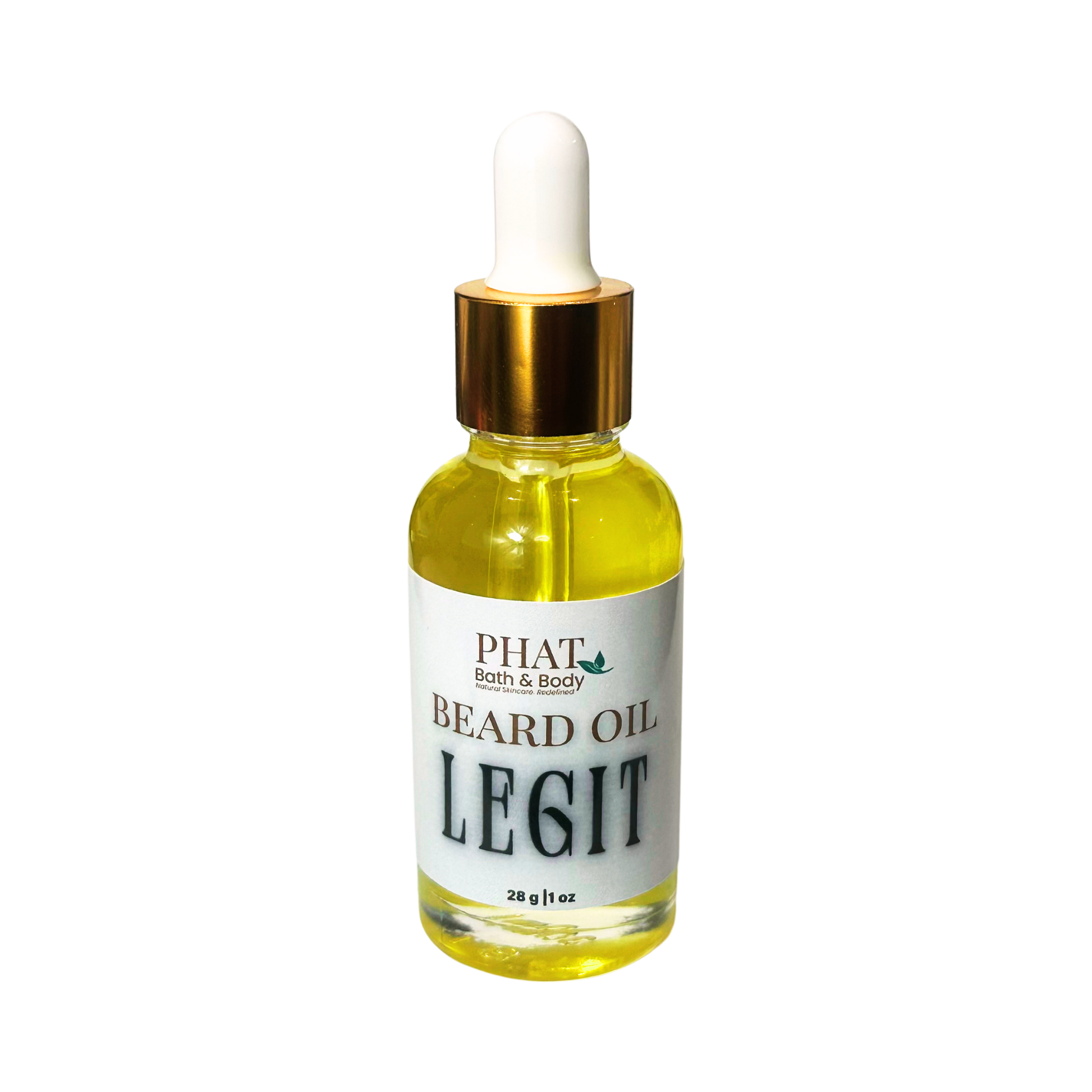 Bottle of Phat Bath & Body beard oil with dropper on a white background