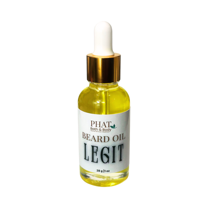 Bottle of Phat Bath & Body beard oil with dropper on a white background