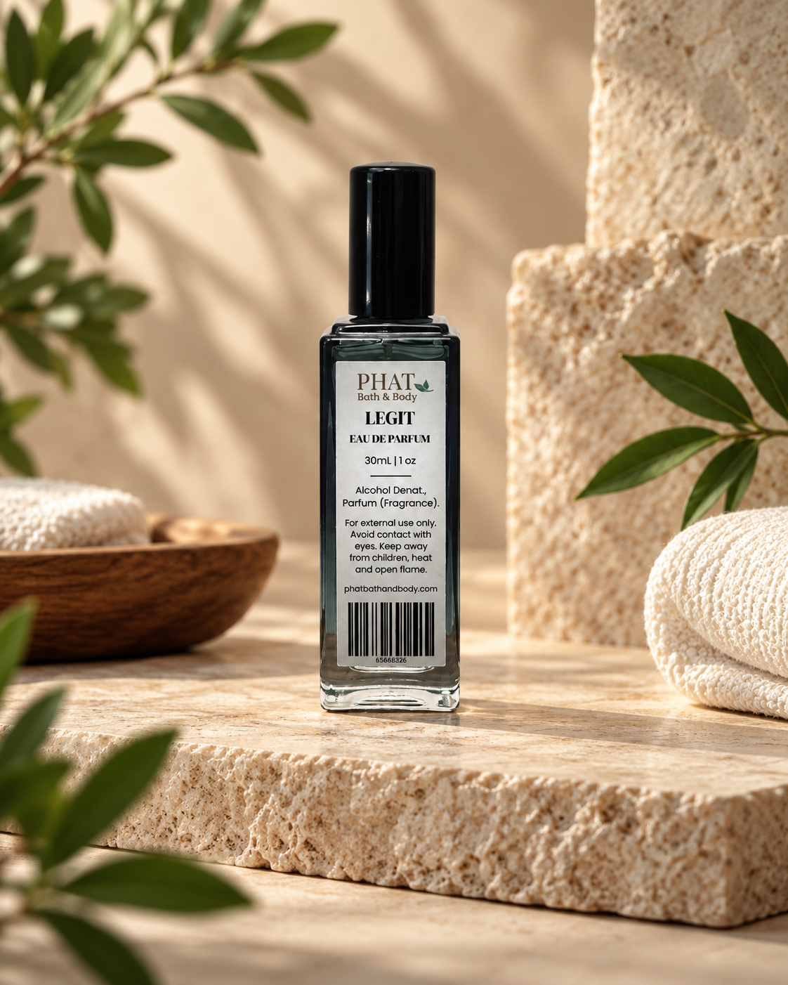 Back label of the Legit men’s Eau de Parfum bottle in a luxury themed setting.