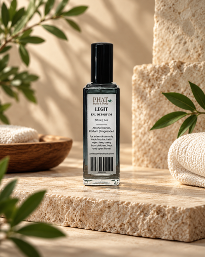 Back label of the Legit men’s Eau de Parfum bottle in a luxury themed setting.