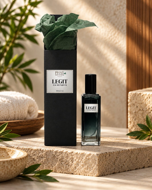 Legit men’s Eau de Parfum bottle with black gift box and green tissue in a refined setting.