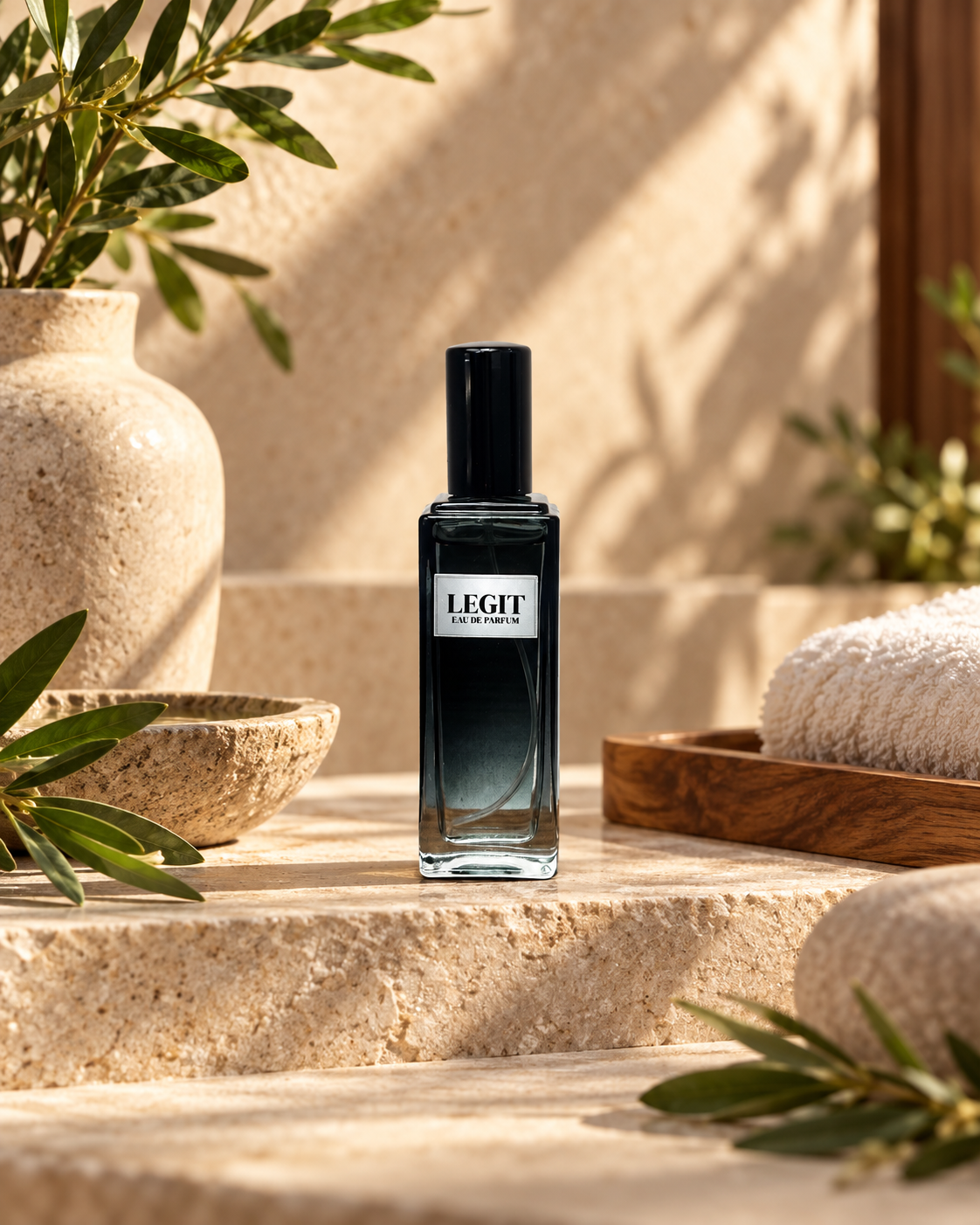 Legit men’s Eau de Parfum bottle styled in a modern Phat Bath & Body brand setting.