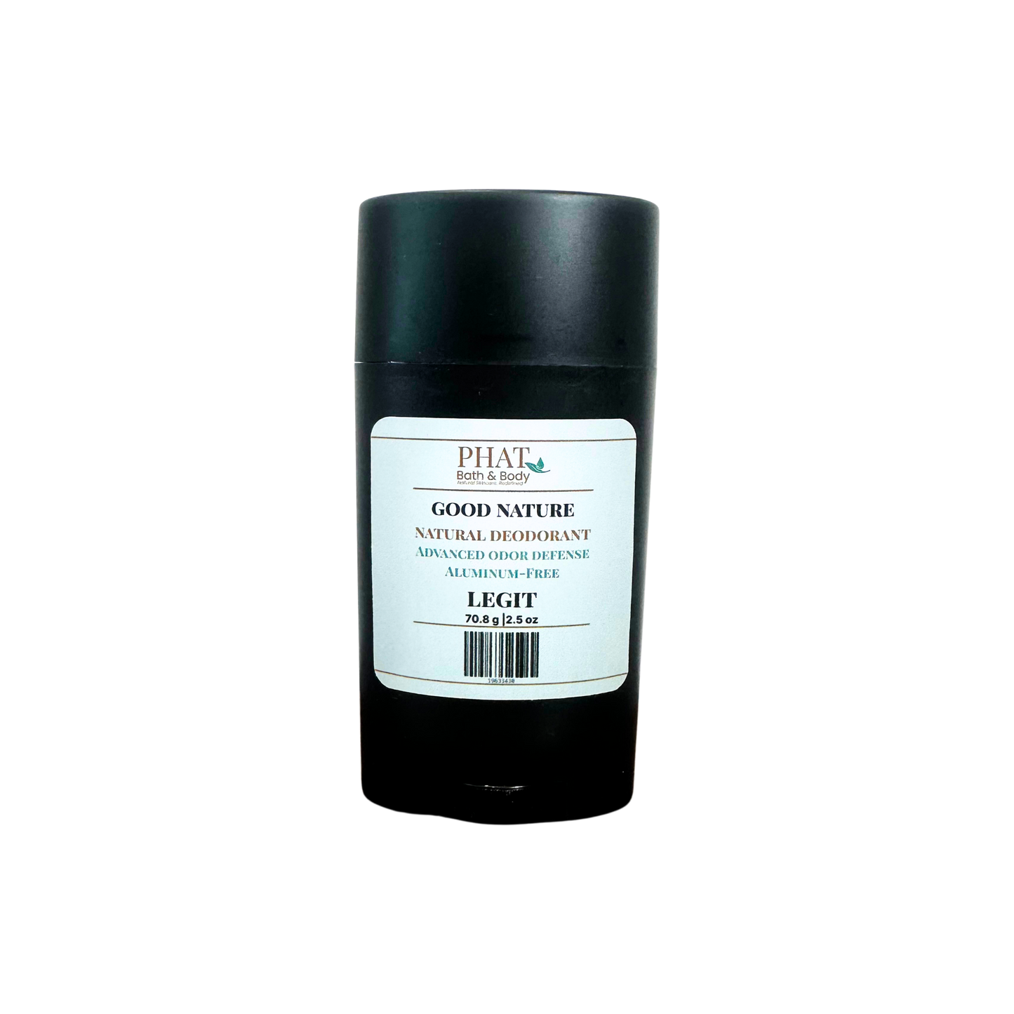 A black cylindrical deodorant stick with a white rectangular label reading PHAT Good Nature Natural Deodorant, on a plain white background.