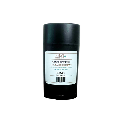 A black cylindrical deodorant stick with a white rectangular label reading PHAT Good Nature Natural Deodorant, on a plain white background.