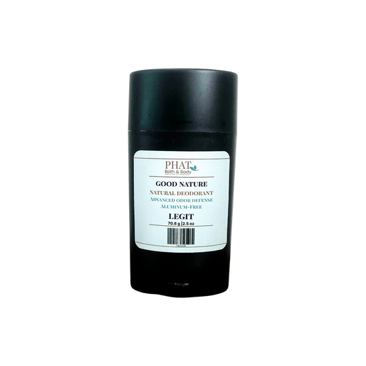 A black cylindrical deodorant stick with a white rectangular label reading PHAT Good Nature Natural Deodorant, on a plain white background.