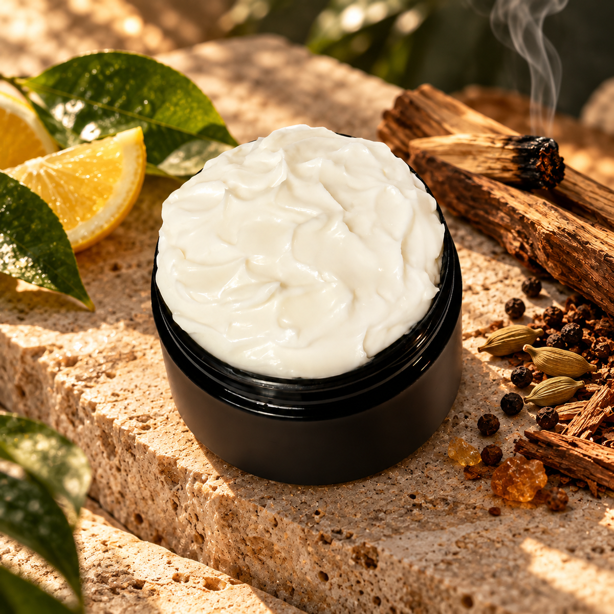 Open jar of Phat Bath & Body Legit men’s Body Lotion with creamy white lotion in a masculine Palo Santo, cedarwood, and incense setting.