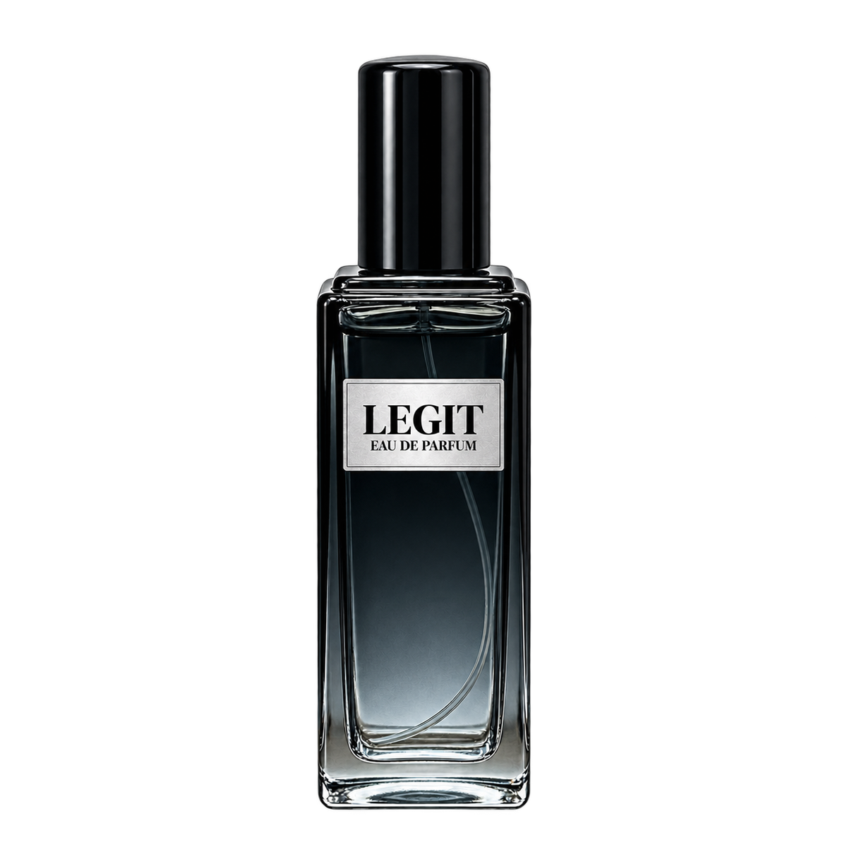 Phat Bath & Body Legit Men’s Eau de Parfum in a tall clear glass bottle with black cap, warm tan label, and cool blue-gray fragrance, shown as the main men’s fragrance product image.