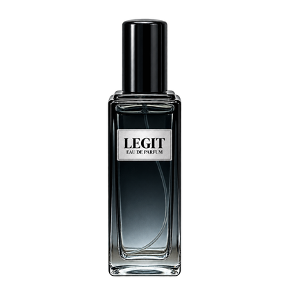 Phat Bath & Body Legit Men’s Eau de Parfum in a tall clear glass bottle with black cap, warm tan label, and cool blue-gray fragrance, shown as the main men’s fragrance product image.