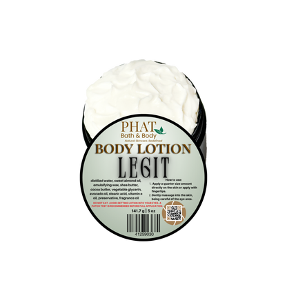 Body lotion container labeled 'PHAT Bath & Body Body Lotion Legit' on a white background