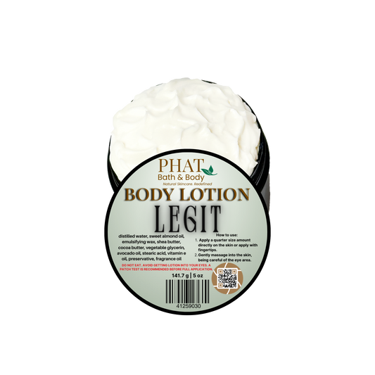 Body lotion container labeled 'PHAT Bath & Body Body Lotion Legit' on a white background