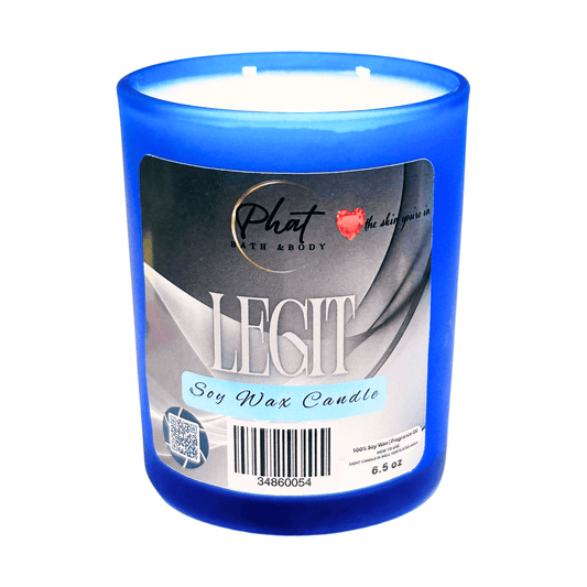 Blue candle with a label on a white background
