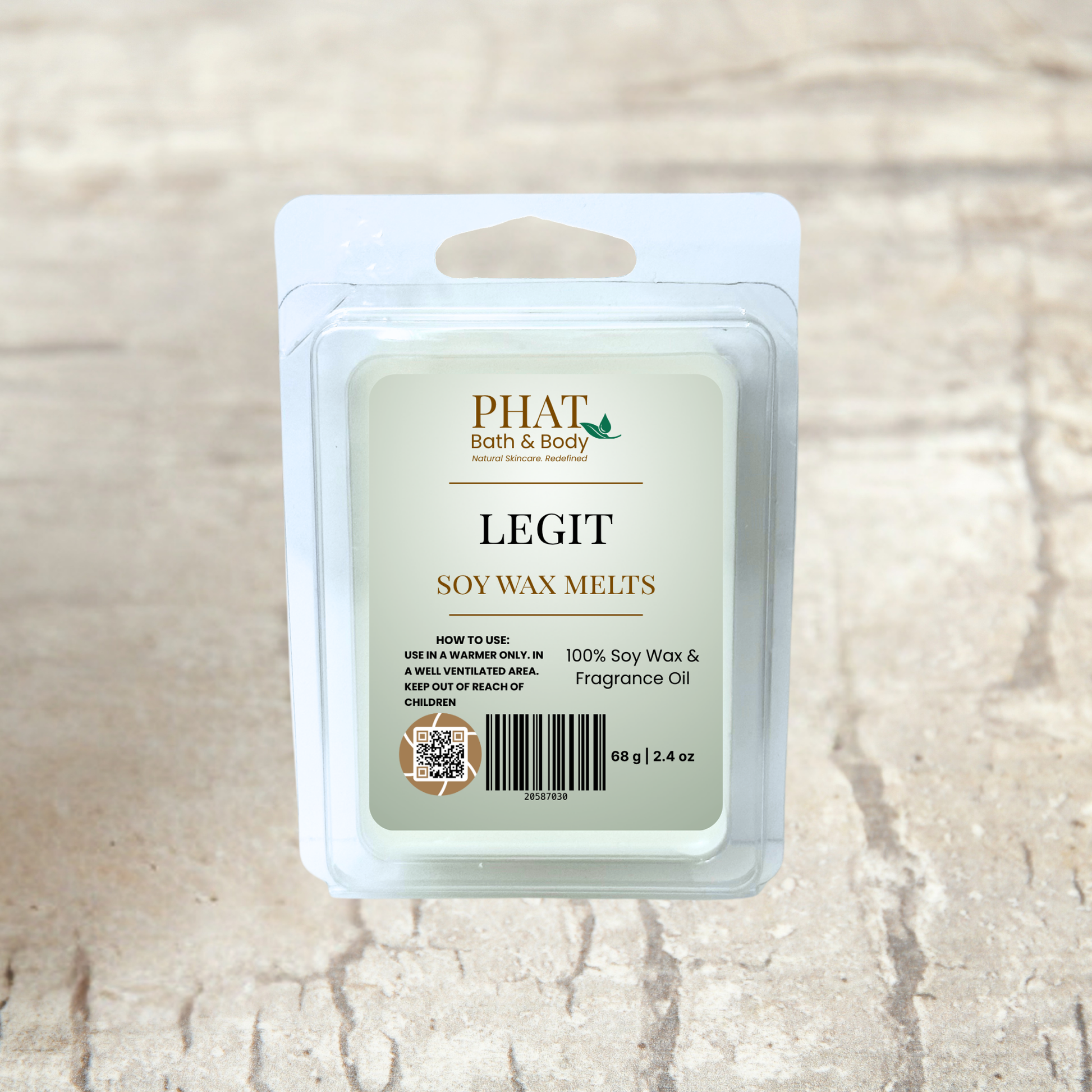 Pack of Phat Bath & Body Legit soy wax melts on a textured beige surface