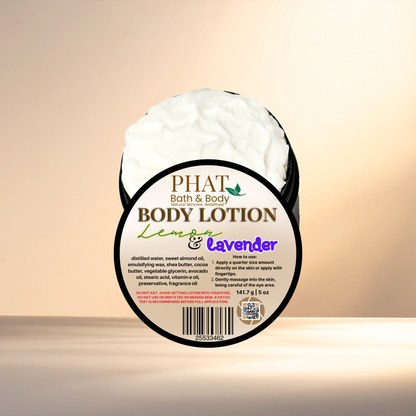Body lotion container with 'Phat Bath & Body' branding on a gradient background