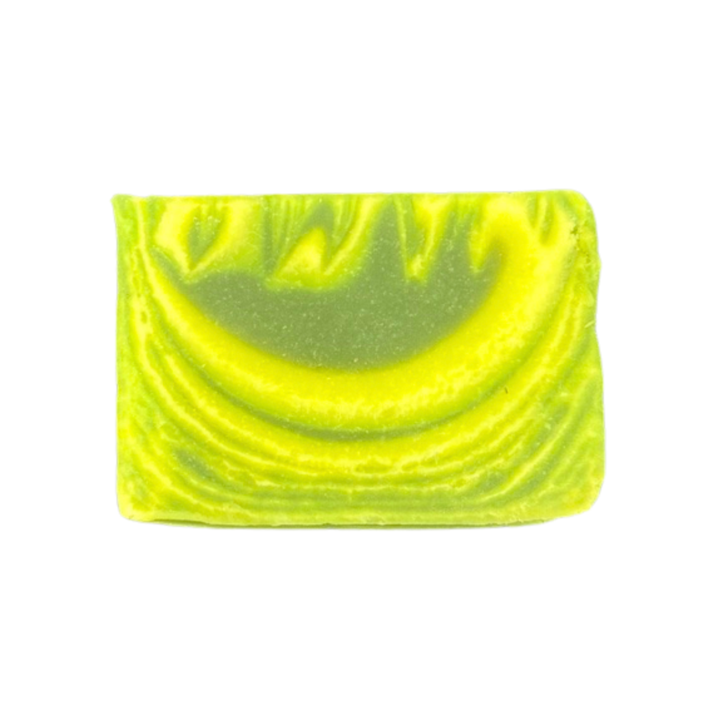 Neon green soap bar with swirling pattern on a white background