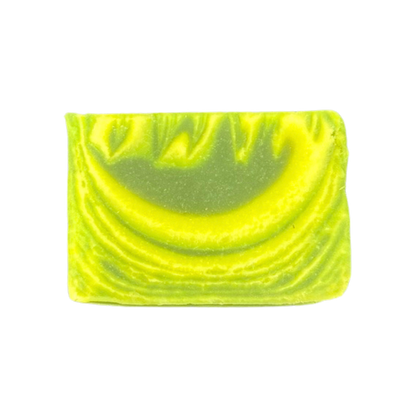 Neon green soap bar with swirling pattern on a white background