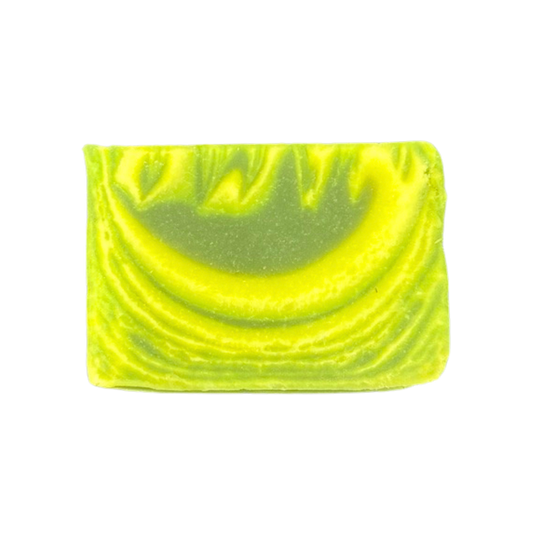 Neon green soap bar with swirling pattern on a white background