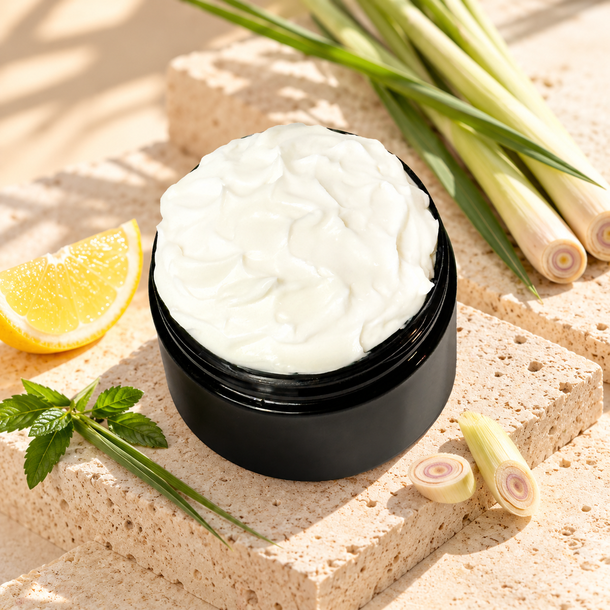Open jar of Phat Bath & Body Lemongrass Body Lotion with creamy white lotion styled with lemongrass, citrus, and fresh green herbs.