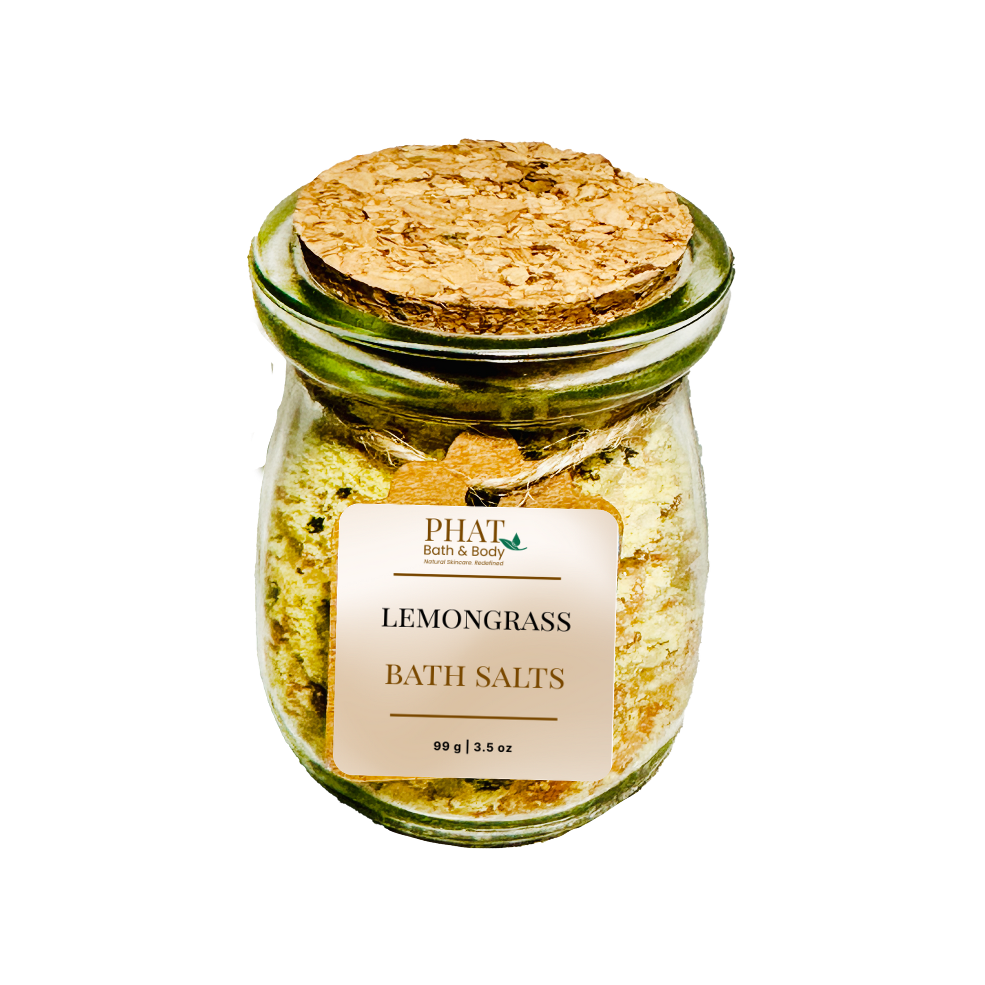 Jar of lemongrass bath salts with a cork lid on a white background