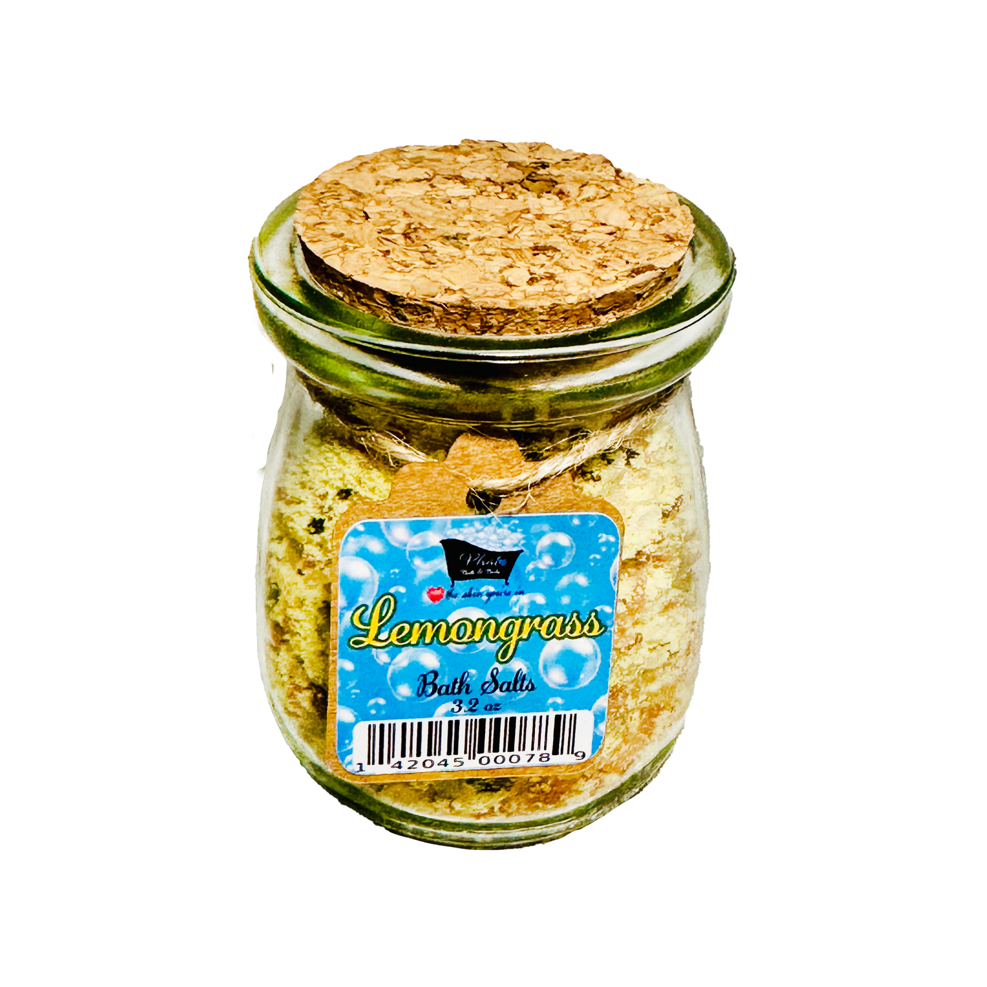 Jar of Lemongrass bath salts with a cork lid on a white background