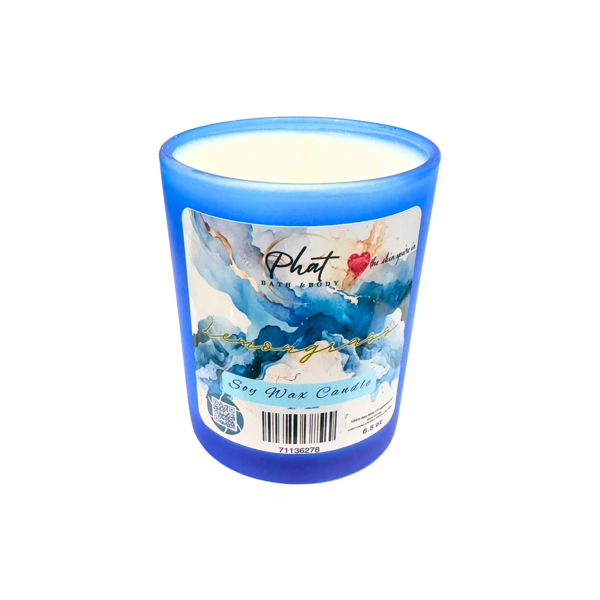 Blue candle with a label on a white background