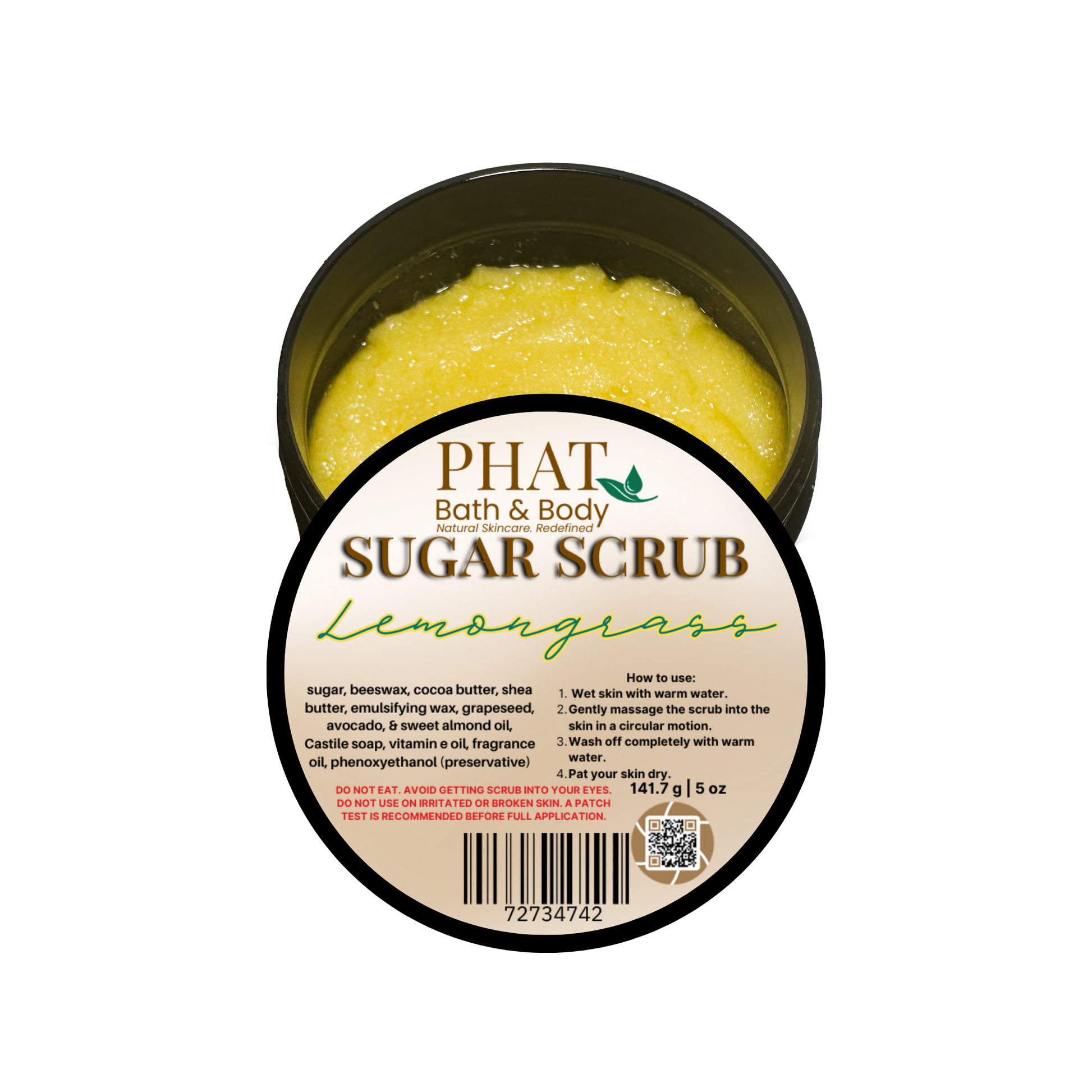 Container of Phat Bath & Body Lemongrass sugar scrub on a white background