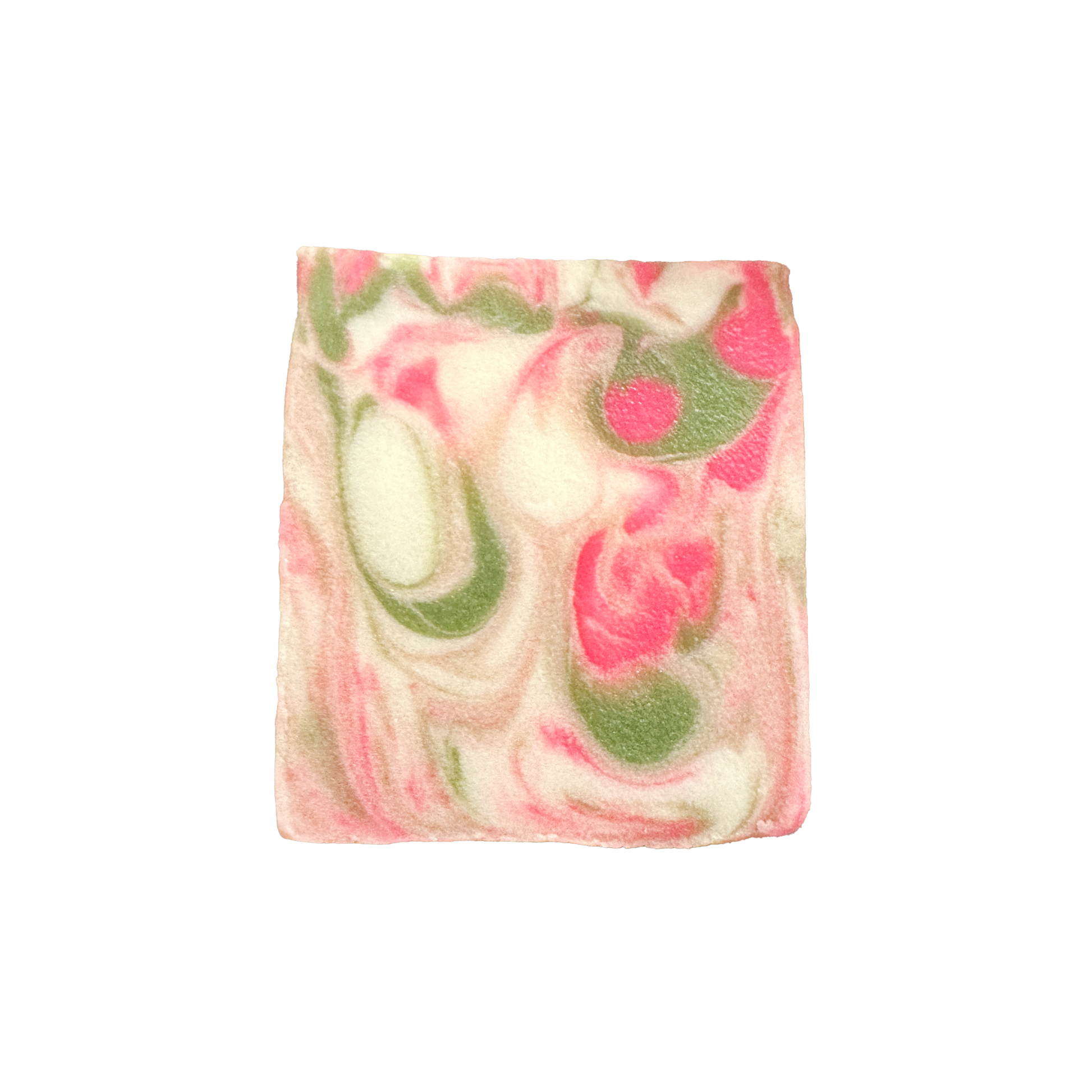 Swirled soap bar with pink and green colors on a white background