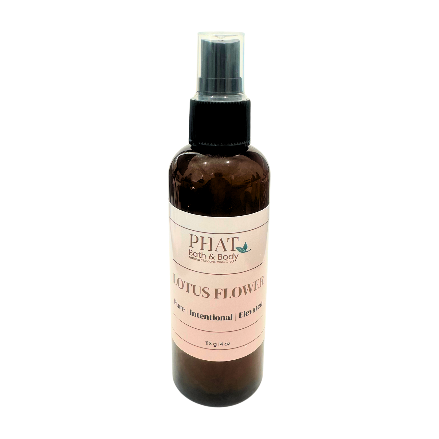 Brown spray bottle with pink label on a white background