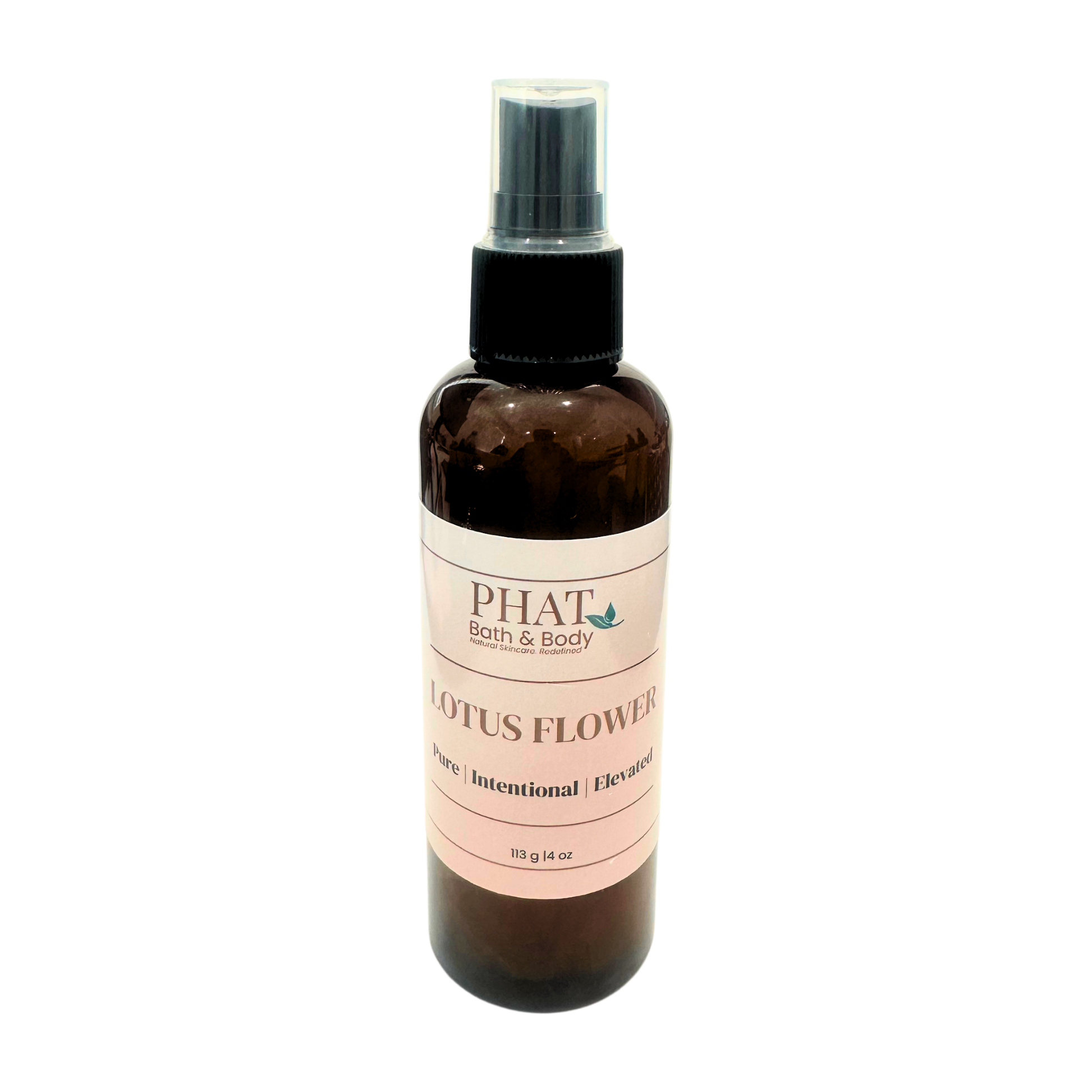 Brown spray bottle with pink label on a white background
