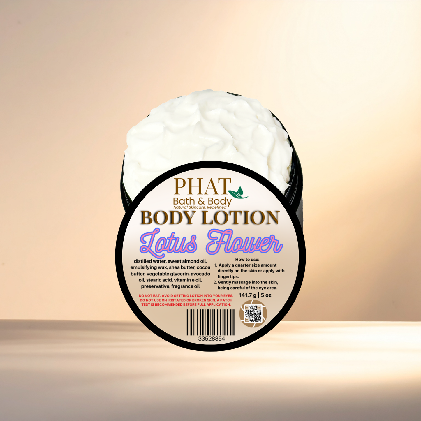 Body lotion container with 'PHAT Bath & Body' label on a gradient background