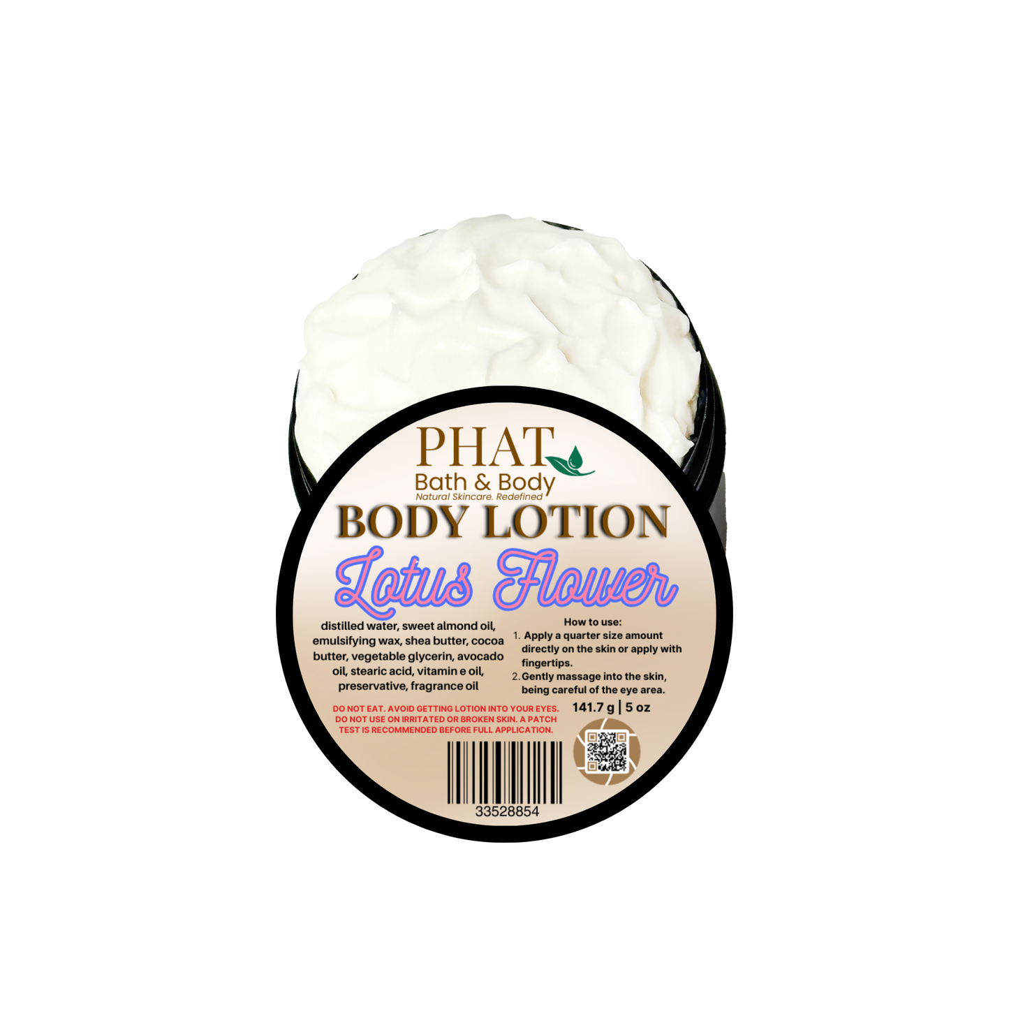 Body lotion container with 'Phat Bath & Body' branding on a white background