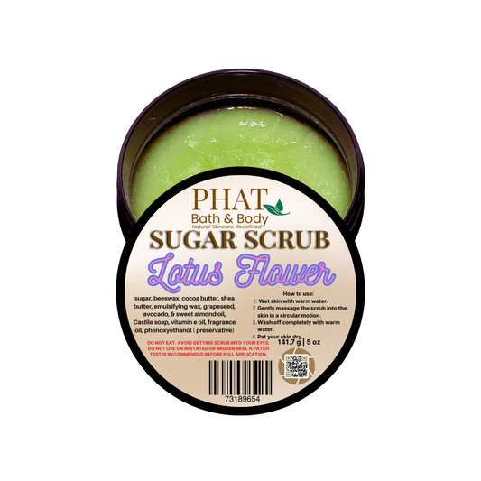 Green sugar scrub in a container with 'Phat Bath & Body' label on a white background