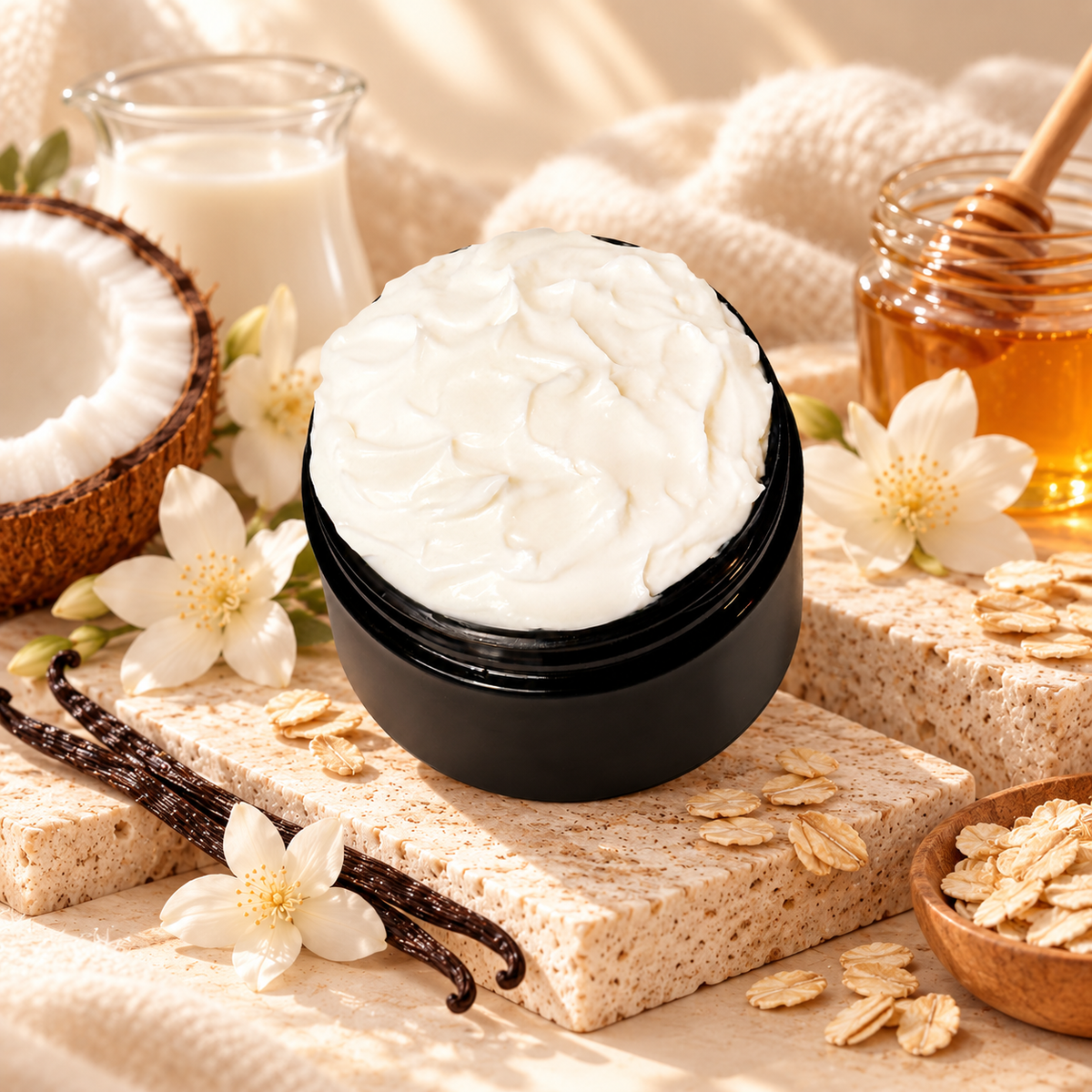 Open jar of Phat Bath & Body Luna Aura Body Lotion with creamy white lotion surrounded by coconut, oatmeal, vanilla, milk, and honey accents.