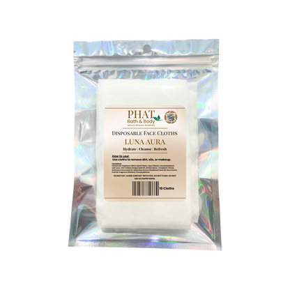 Pack of disposable face cloths with 'Phat Bath & Body' branding on a white background