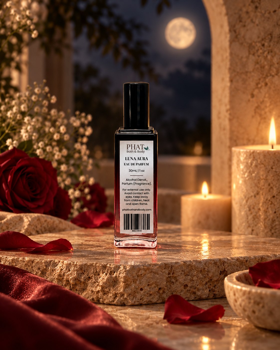 Back label of the Luna Aura women’s Eau de Parfum bottle styled in a warm moonlit setting.
